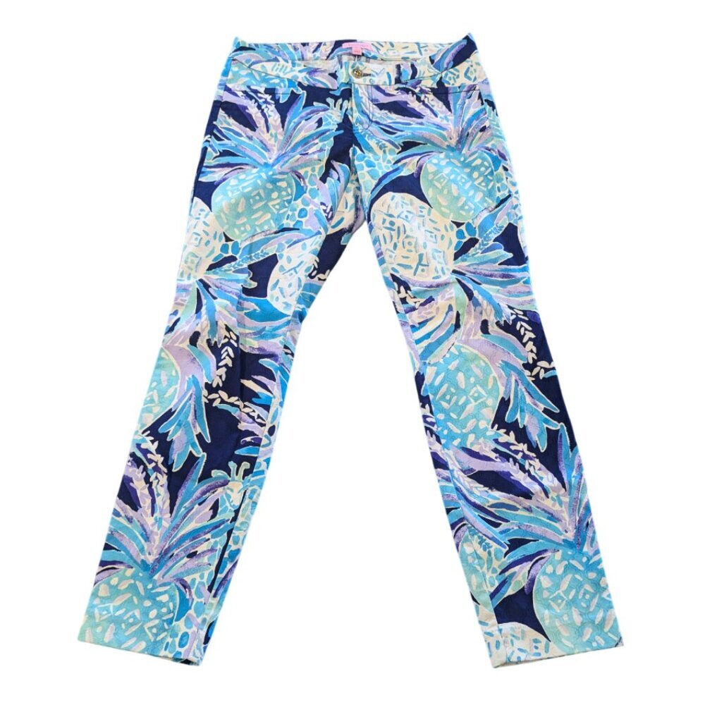 LILLY PULITZER Pineapple Pants 6 Stretch Cotton Skinny Navy Aqua Purple Teal